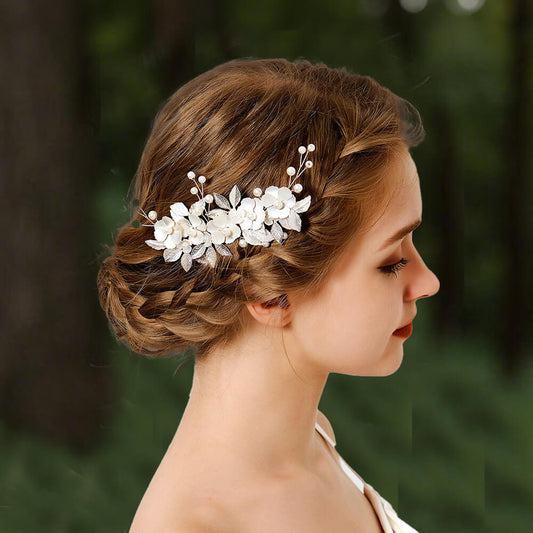 Bridal Wedding Hair Pins White Flower Hair Clip Silver Bride Accessories for Women Girls